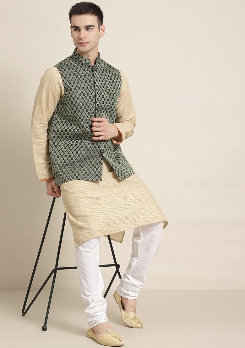 Green Woven Silk Nehru Jackets For Men