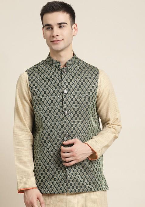 Green Woven Silk Nehru Jackets For Men