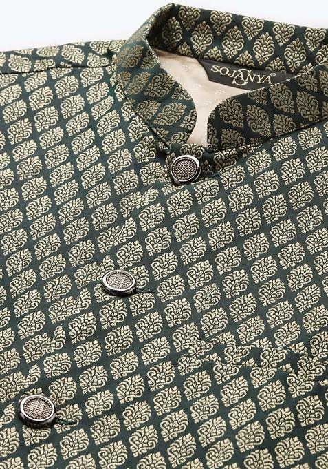 Green Woven Silk Nehru Jackets For Men