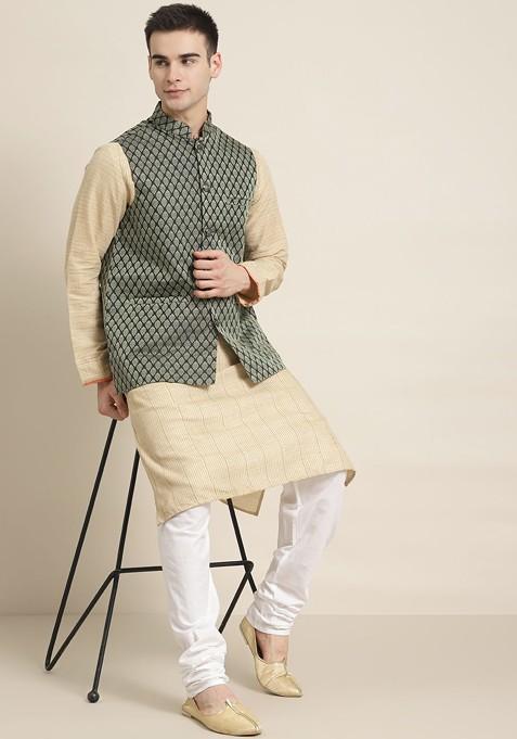 Green Woven Silk Nehru Jackets For Men