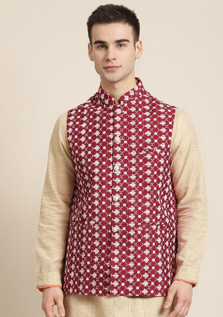 Maroon Embroidered Poly Blend Nehru Jackets For Men