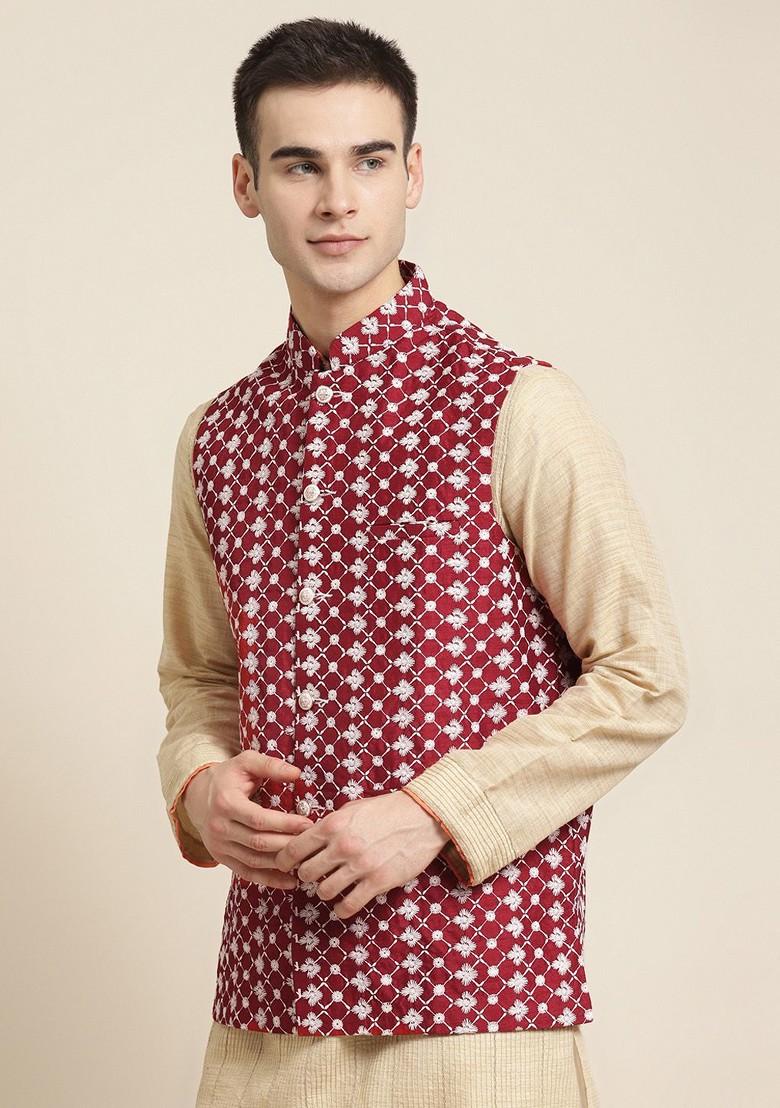 Maroon Embroidered Poly Blend Nehru Jackets For Men