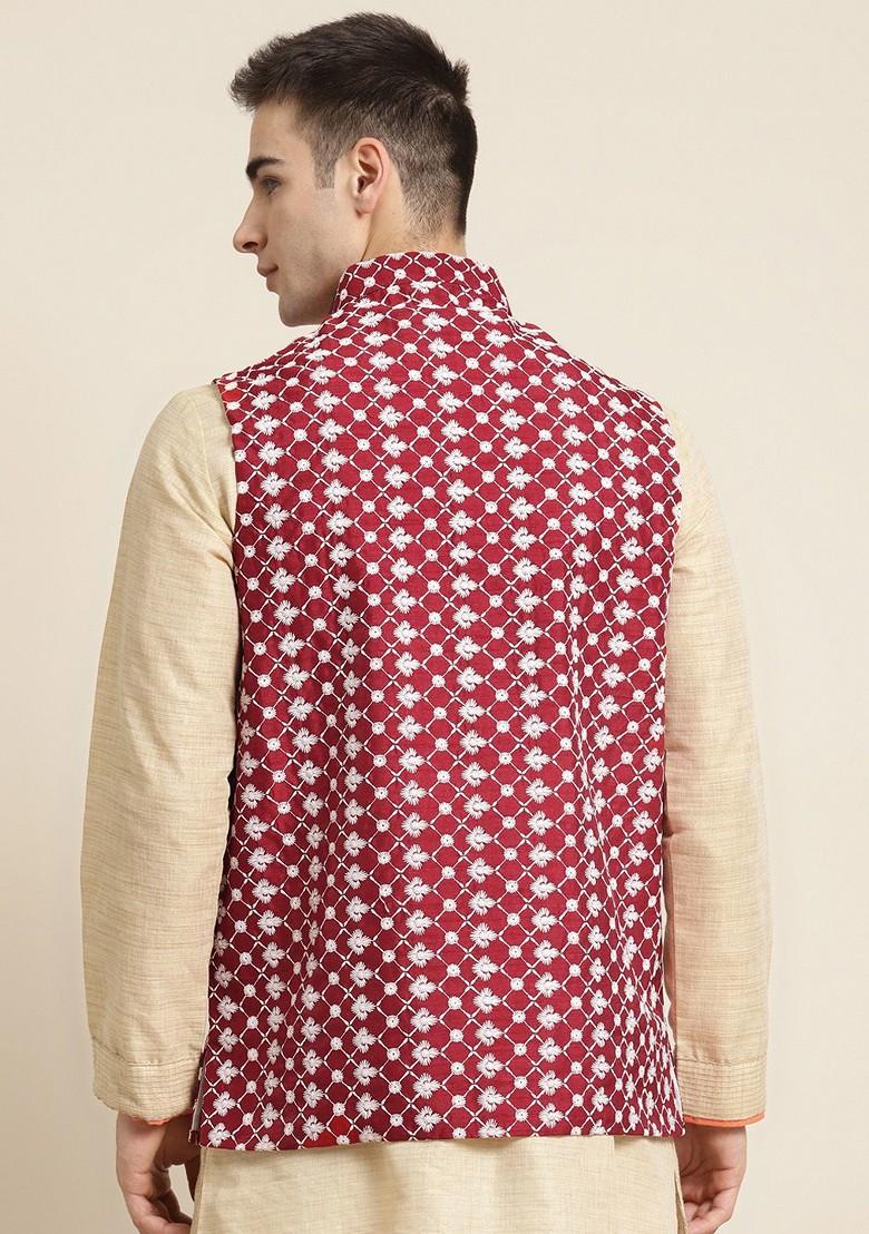 Maroon Embroidered Poly Blend Nehru Jackets For Men