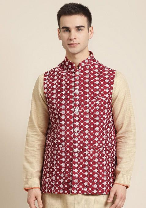 Maroon Embroidered Poly Blend Nehru Jackets For Men
