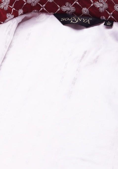 Maroon Embroidered Poly Blend Nehru Jackets For Men