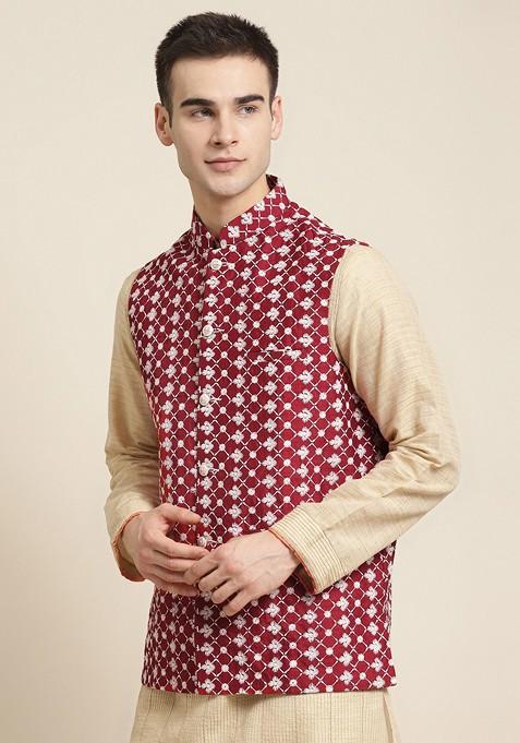 Maroon Embroidered Poly Blend Nehru Jackets For Men