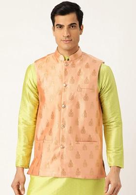 Peach Woven Poly Blend Nehru Jackets For Men