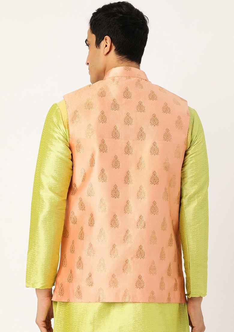 Peach Woven Poly Blend Nehru Jackets For Men