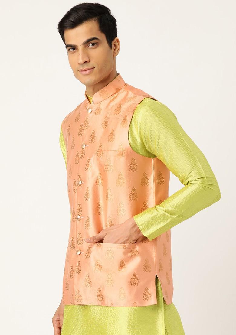Peach Woven Poly Blend Nehru Jackets For Men