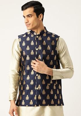 Navy Blue Woven Poly Blend Nehru Jackets For Men