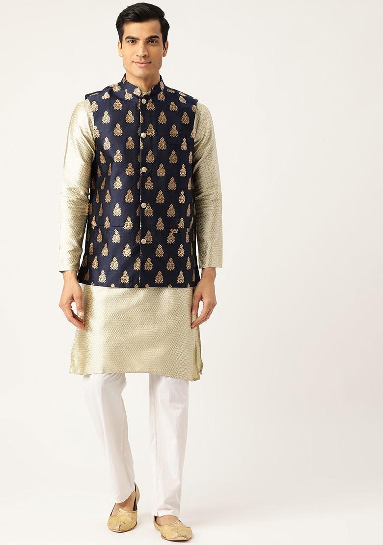 Navy Blue Woven Poly Blend Nehru Jackets For Men