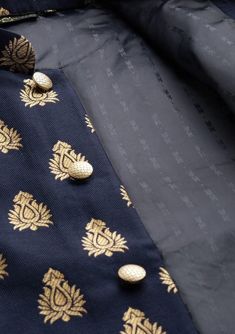 Navy Blue Woven Poly Blend Nehru Jackets For Men