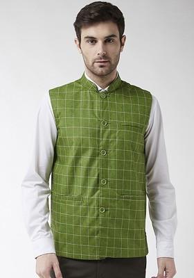 Green Checked Poly Blend Nehru Jackets For Men