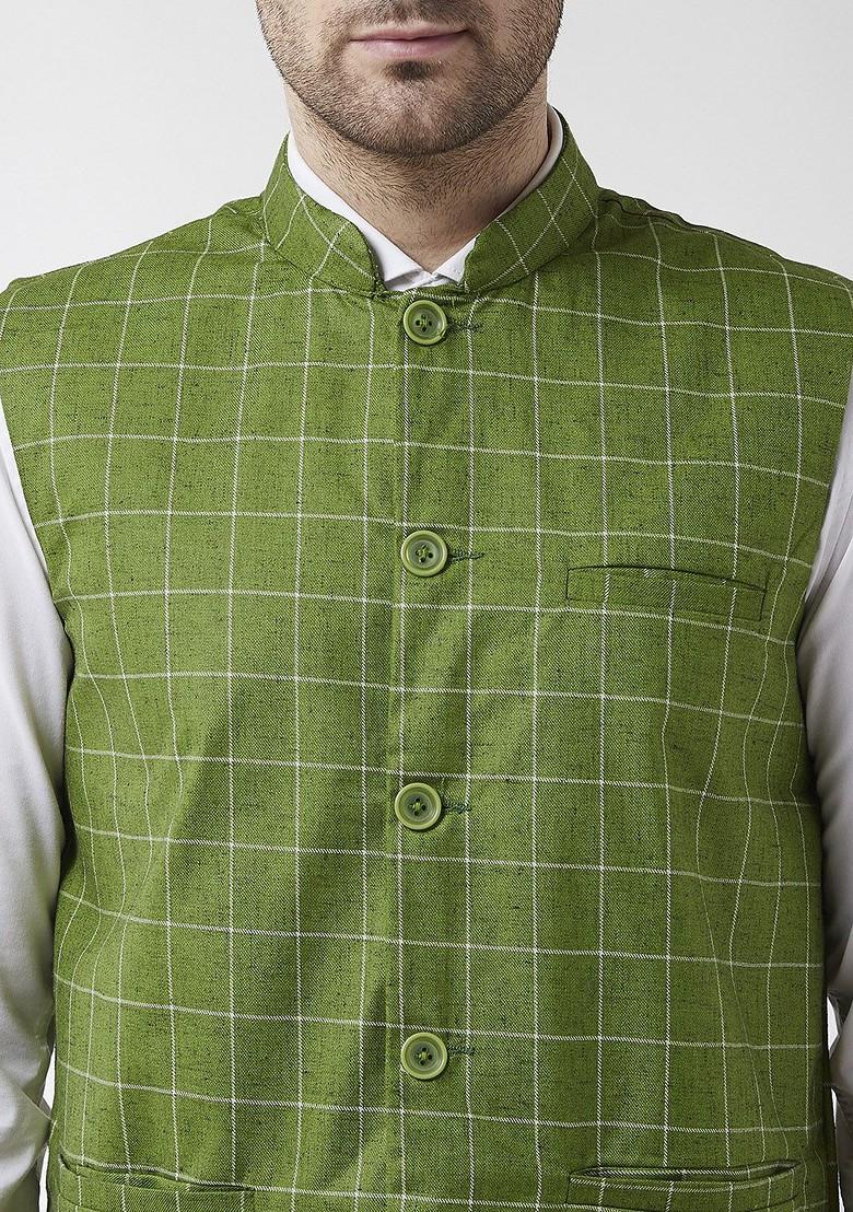 Green Checked Poly Blend Nehru Jackets For Men