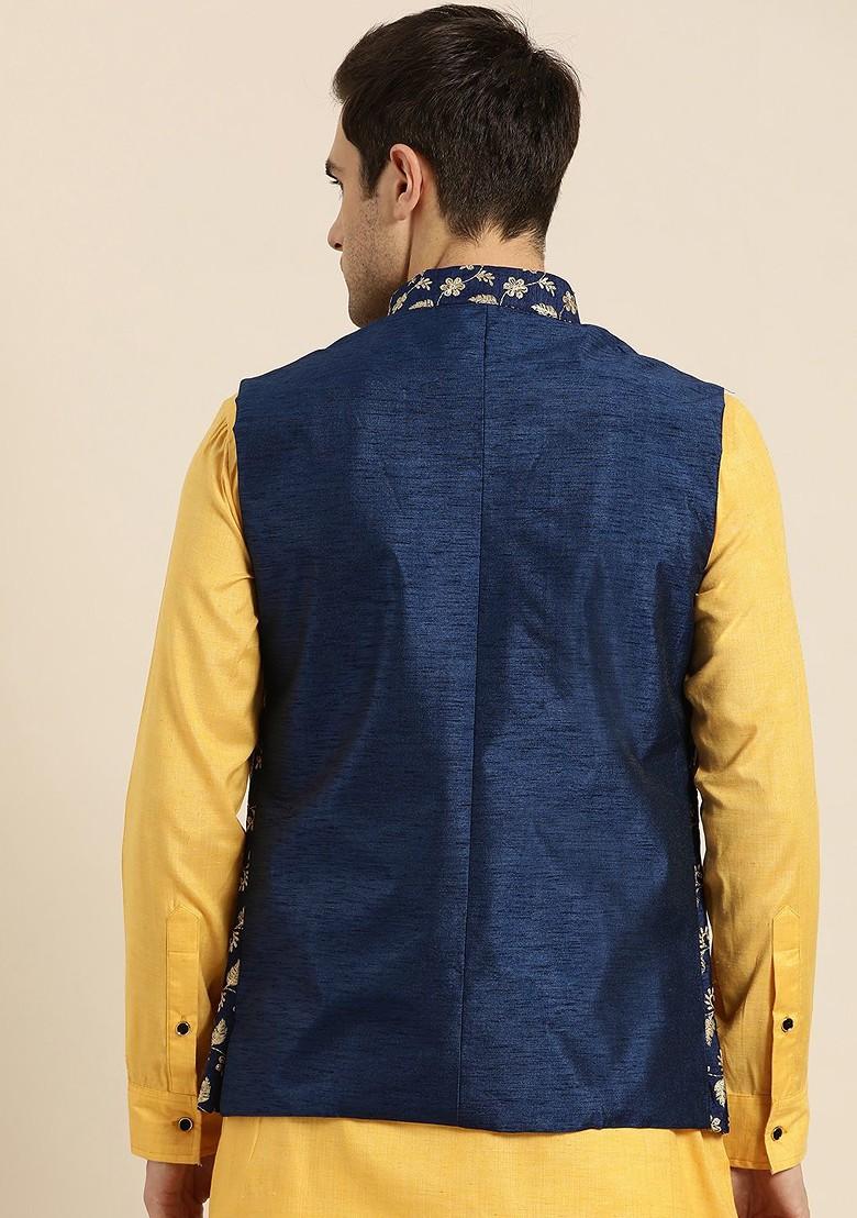 Navy Blue Embroidered Poly Blend Nehru Jackets For Men