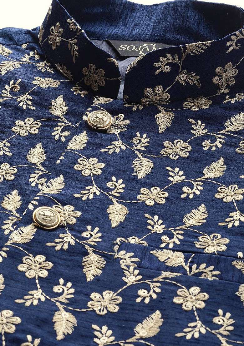 Navy Blue Embroidered Poly Blend Nehru Jackets For Men - Indya