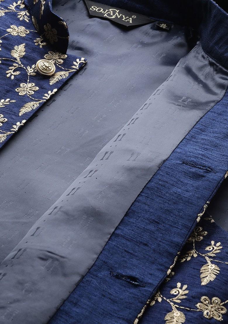 Navy Blue Embroidered Poly Blend Nehru Jackets For Men