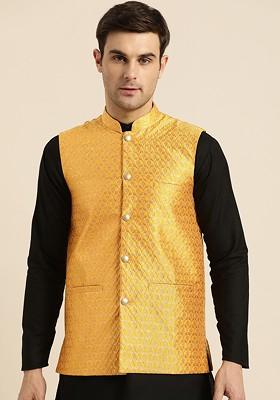Mustard Woven Poly Blend Nehru Jackets For Men