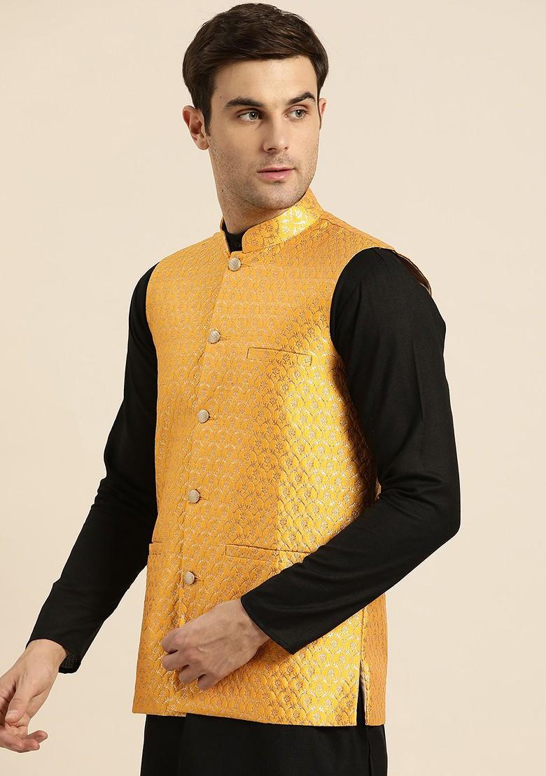 Mustard Woven Poly Blend Nehru Jackets For Men