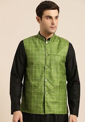 Green Checked Poly Blend Nehru Jackets For Men