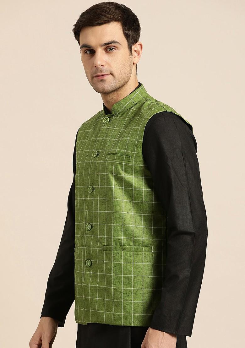 Green Checked Poly Blend Nehru Jackets For Men