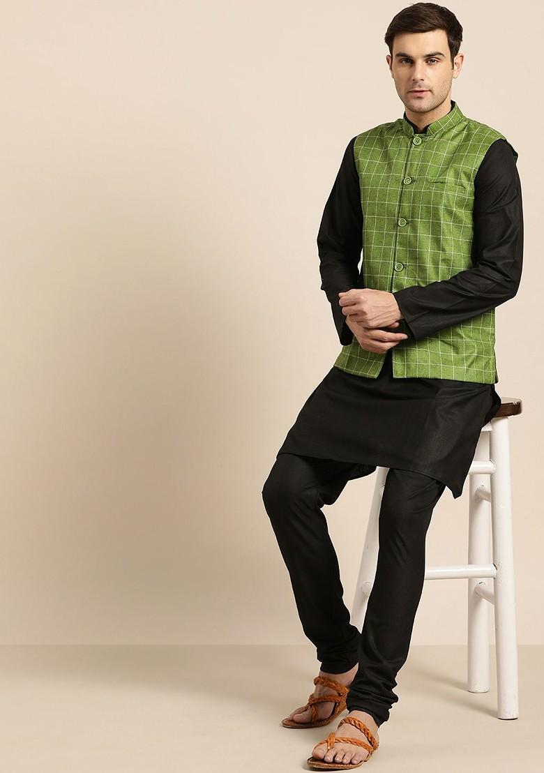 Green Checked Poly Blend Nehru Jackets For Men