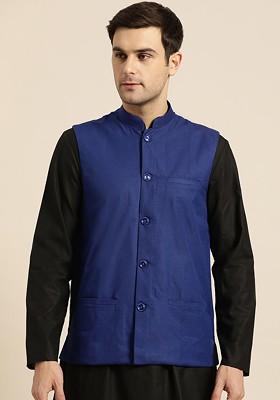 Blue Solid Poly Blend Nehru Jackets For Men