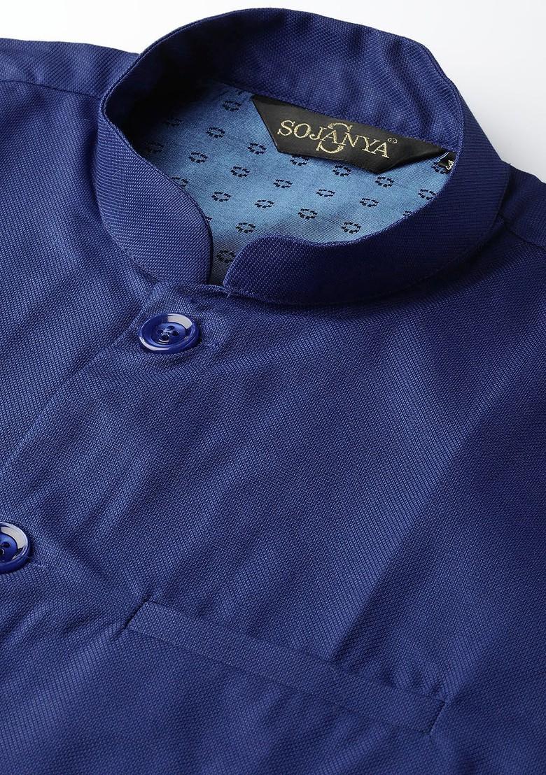 Blue Solid Poly Blend Nehru Jackets For Men