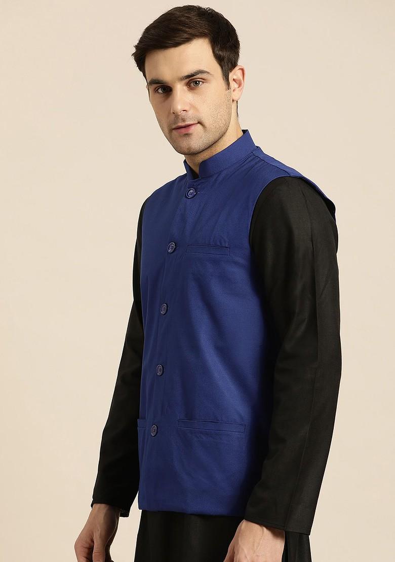 Blue Solid Poly Blend Nehru Jackets For Men