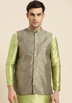 Grey Woven Poly Blend Nehru Jackets For Men