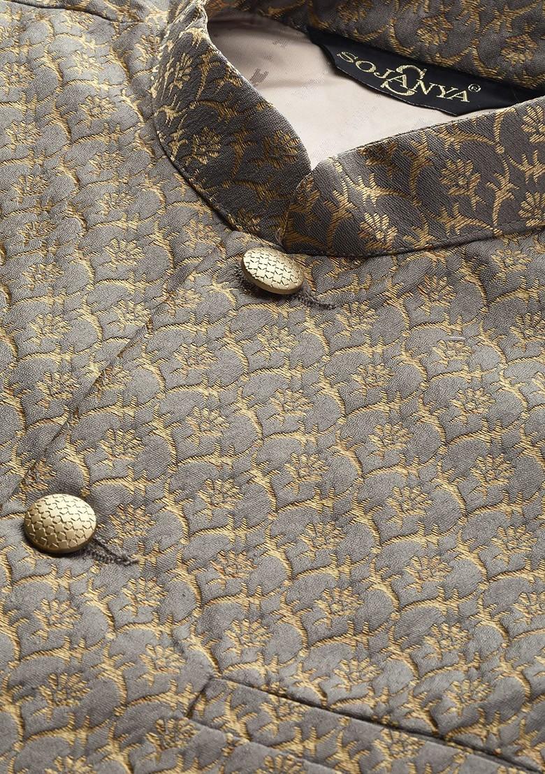 Grey Woven Poly Blend Nehru Jackets For Men