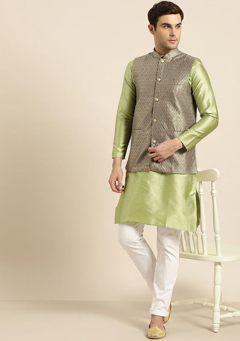 Grey Woven Poly Blend Nehru Jackets For Men