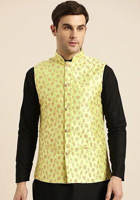 Lime Green Embroidered Poly Blend Nehru Jackets For Men