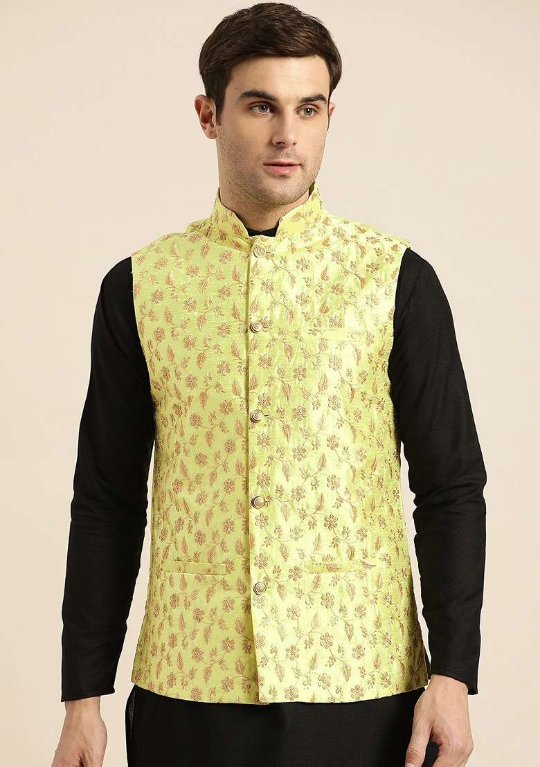 Lime Green Embroidered Poly Blend Nehru Jackets For Men - Indya