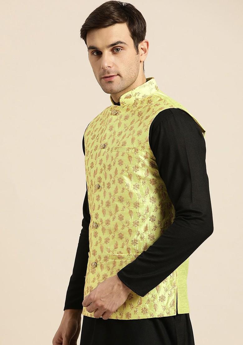 Lime Green Embroidered Poly Blend Nehru Jackets For Men