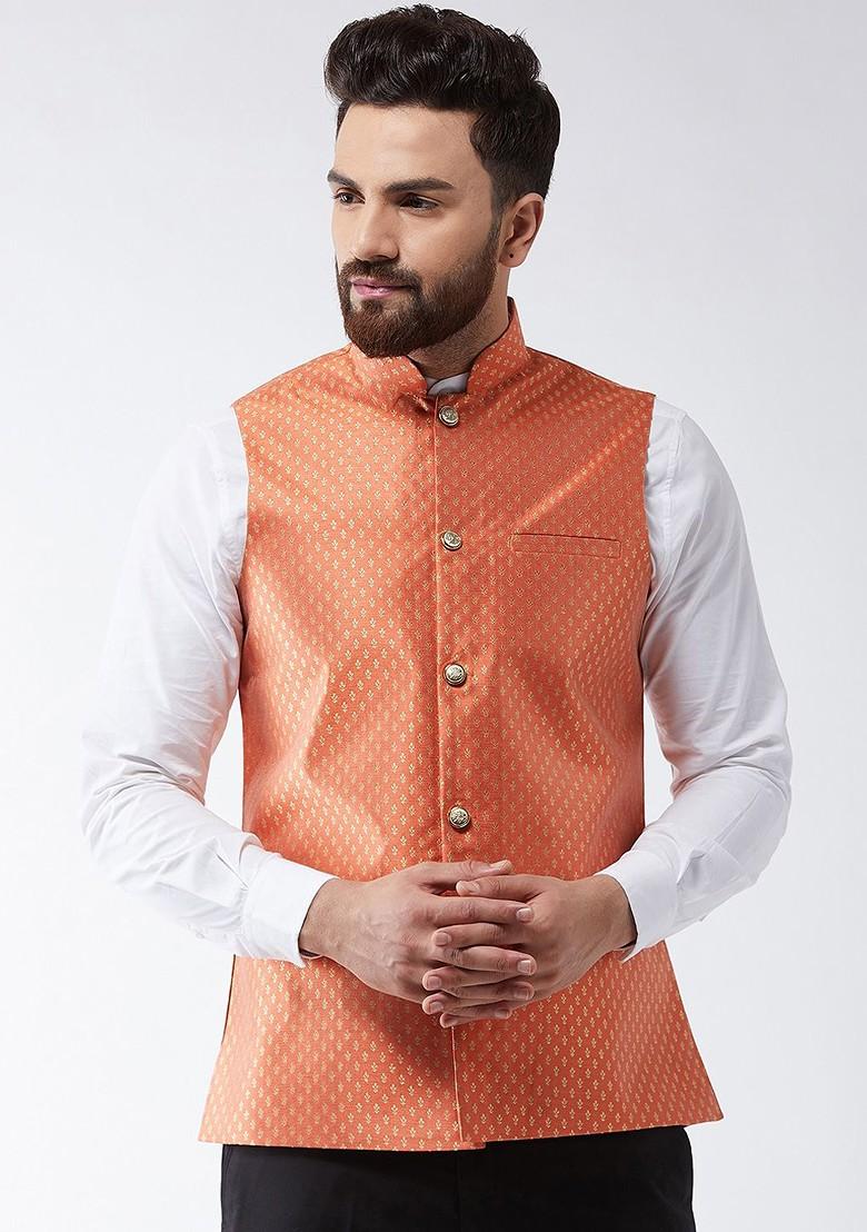 Orange Printed Poly Blend Nehru Jackets For Men