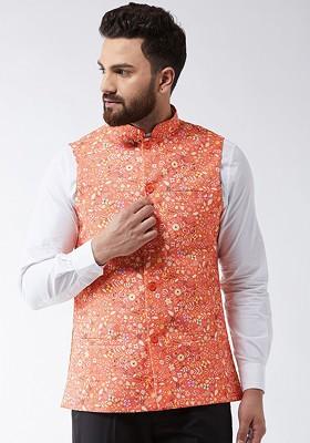 Peach Printed Poly Blend Nehru Jackets For Men