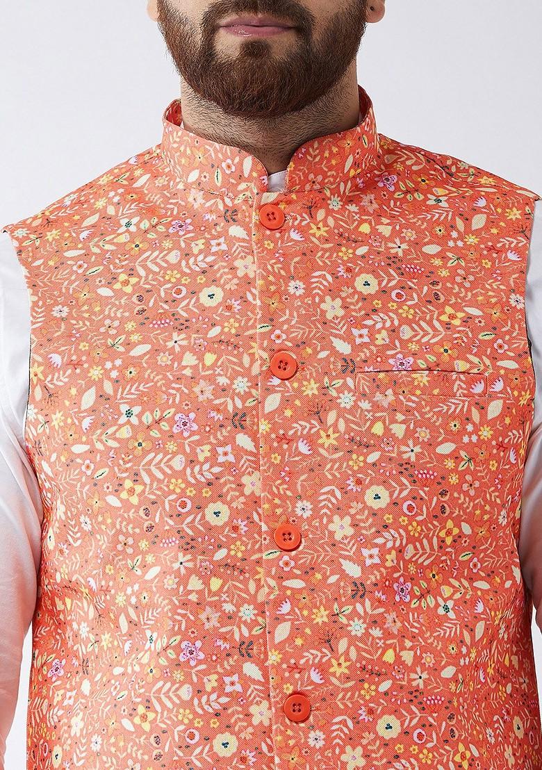 Peach Printed Poly Blend Nehru Jackets For Men