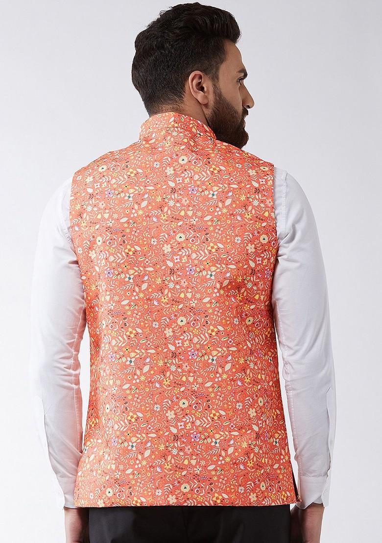 Peach Printed Poly Blend Nehru Jackets For Men