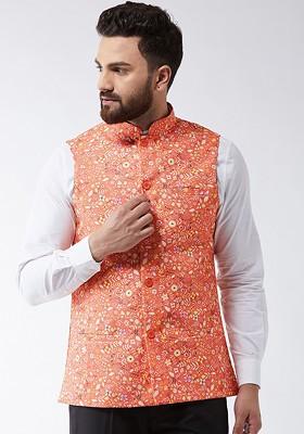 Peach Printed Poly Blend Nehru Jackets For Men