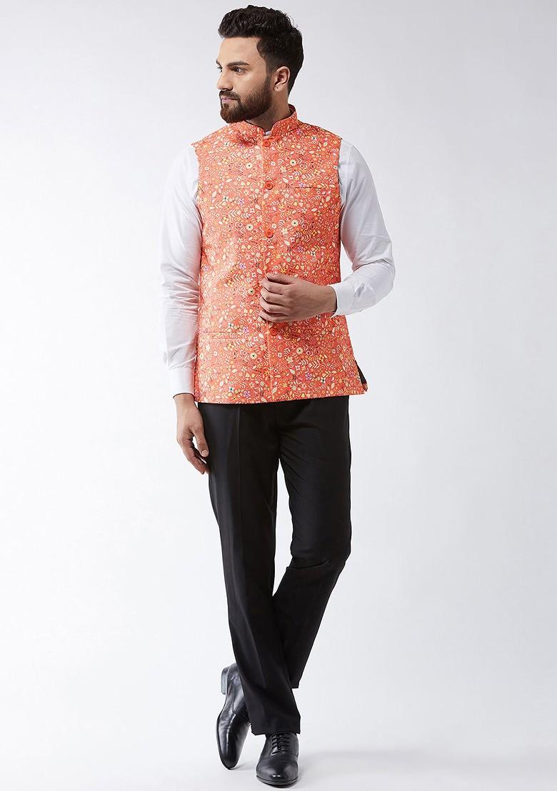 Peach Printed Poly Blend Nehru Jackets For Men