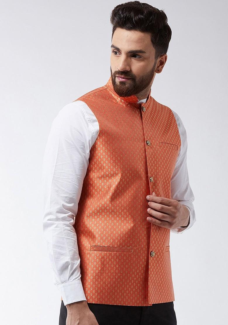 Orange Woven Poly Blend Nehru Jackets For Men