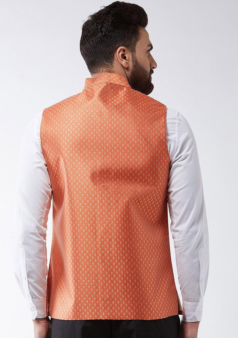 Orange Woven Poly Blend Nehru Jackets For Men