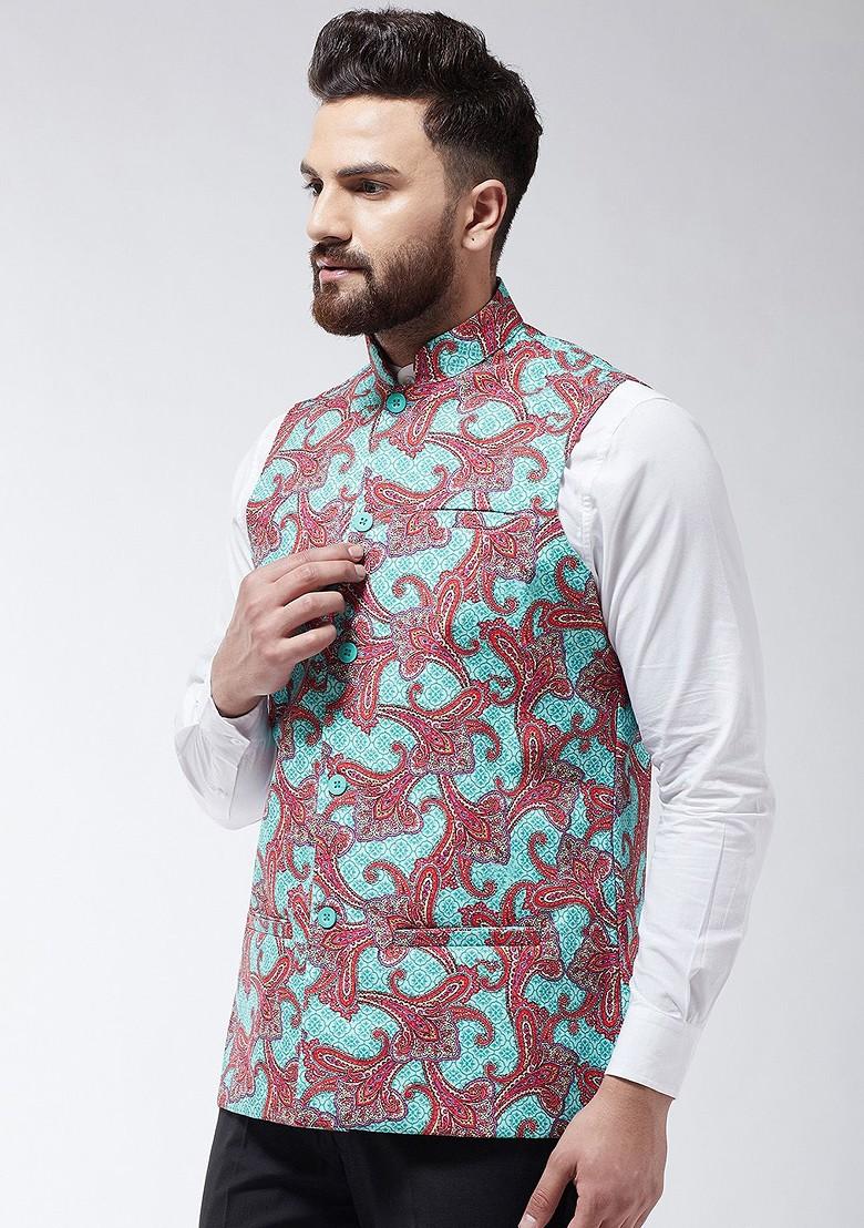 Sea Green Printed Poly Blend Nehru Jackets For Men