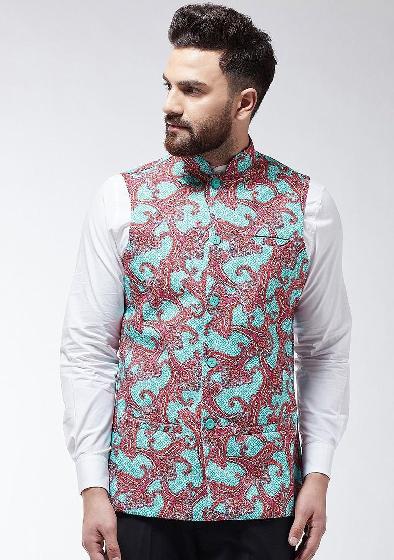 Sea Green Printed Poly Blend Nehru Jackets For Men