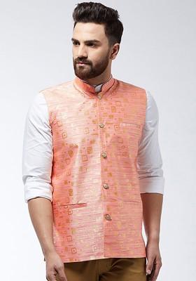 Peach Woven Poly Blend Nehru Jackets For Men