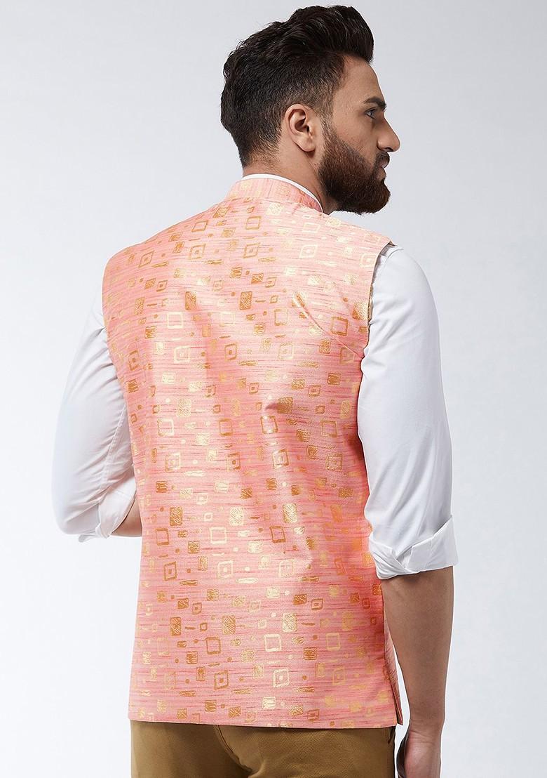 Peach Woven Poly Blend Nehru Jackets For Men