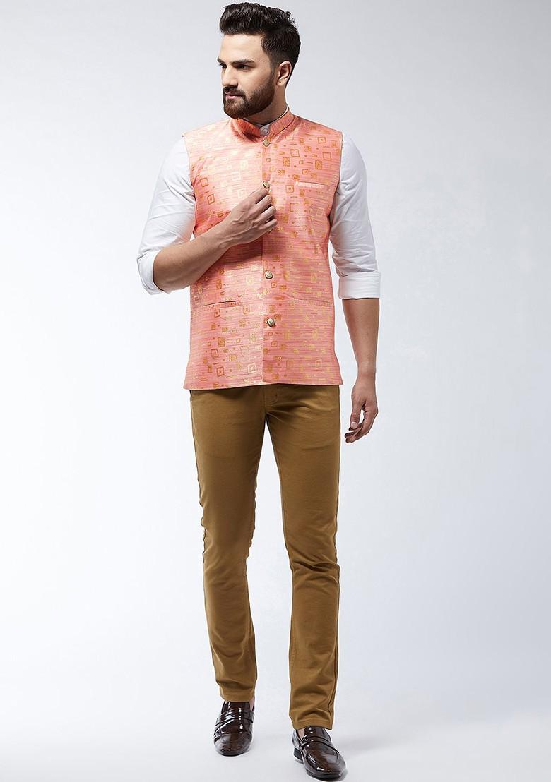 Peach Woven Poly Blend Nehru Jackets For Men