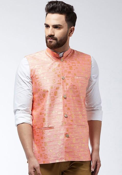 Peach Woven Poly Blend Nehru Jackets For Men — view on Indya