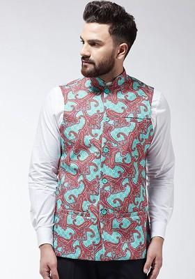 Turquoise Blue Printed Poly Blend Nehru Jackets For Men